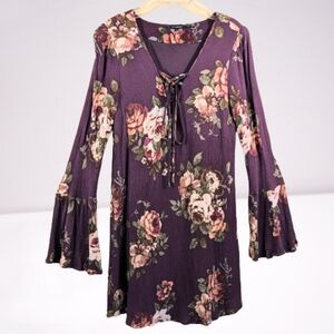 Blu Pepper Dress Burgundy Red Floral Crinkle V-neck Bell Sleeves Boho Size M